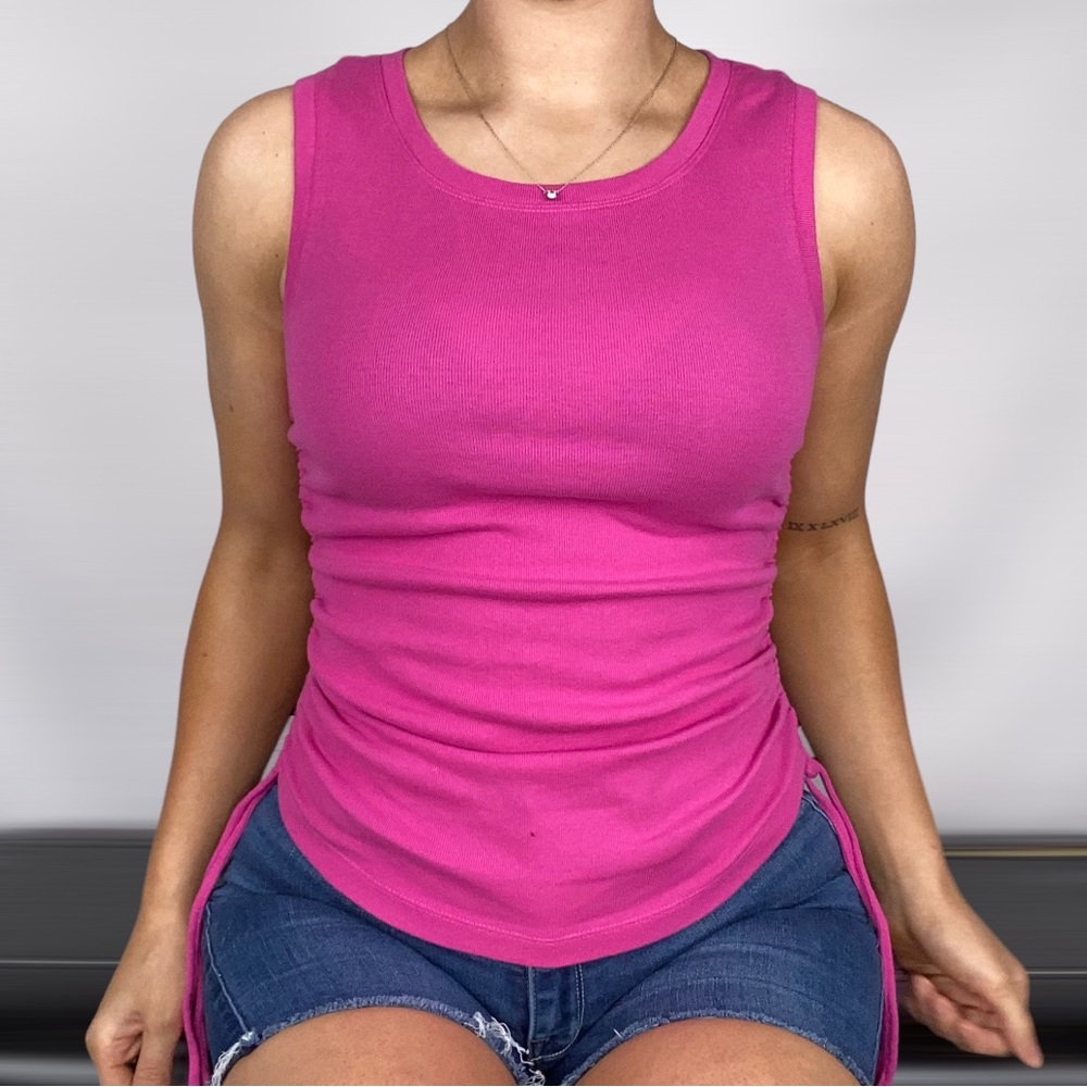 GOOD AMERICAN High Neck‎ Ruched Sleeveless Tank Top Tie Form Fitting Casual